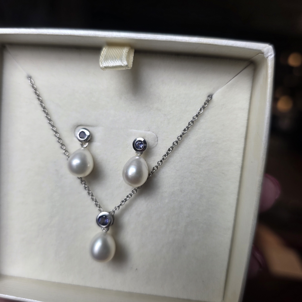 Pearlcore Pearl Drop Necklace and Earrings Set with Silver and Blue Accents